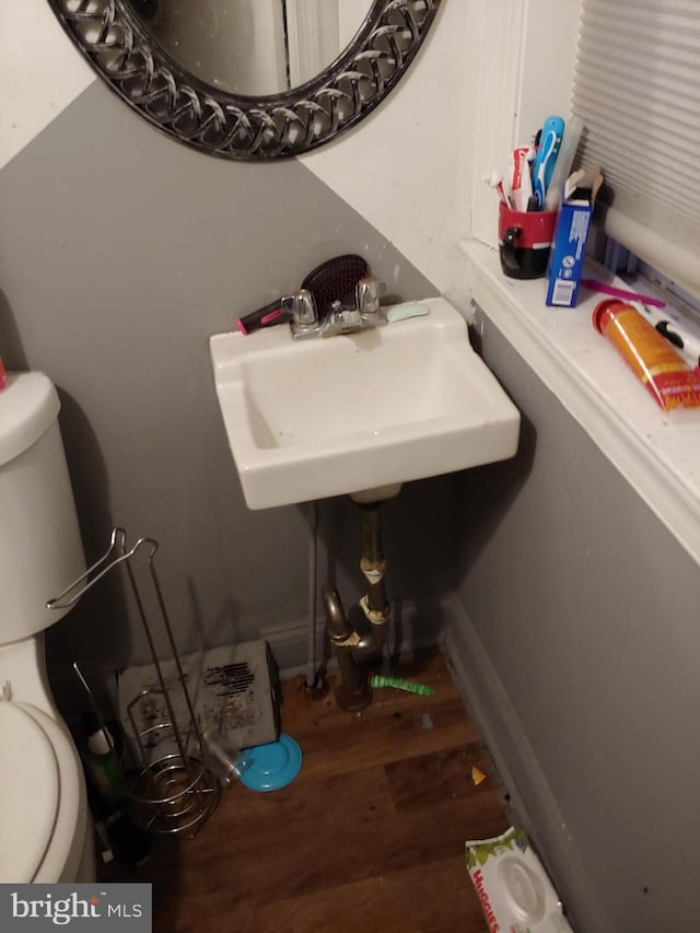 bathroom with sink, hardwood / wood-style floors, and toilet