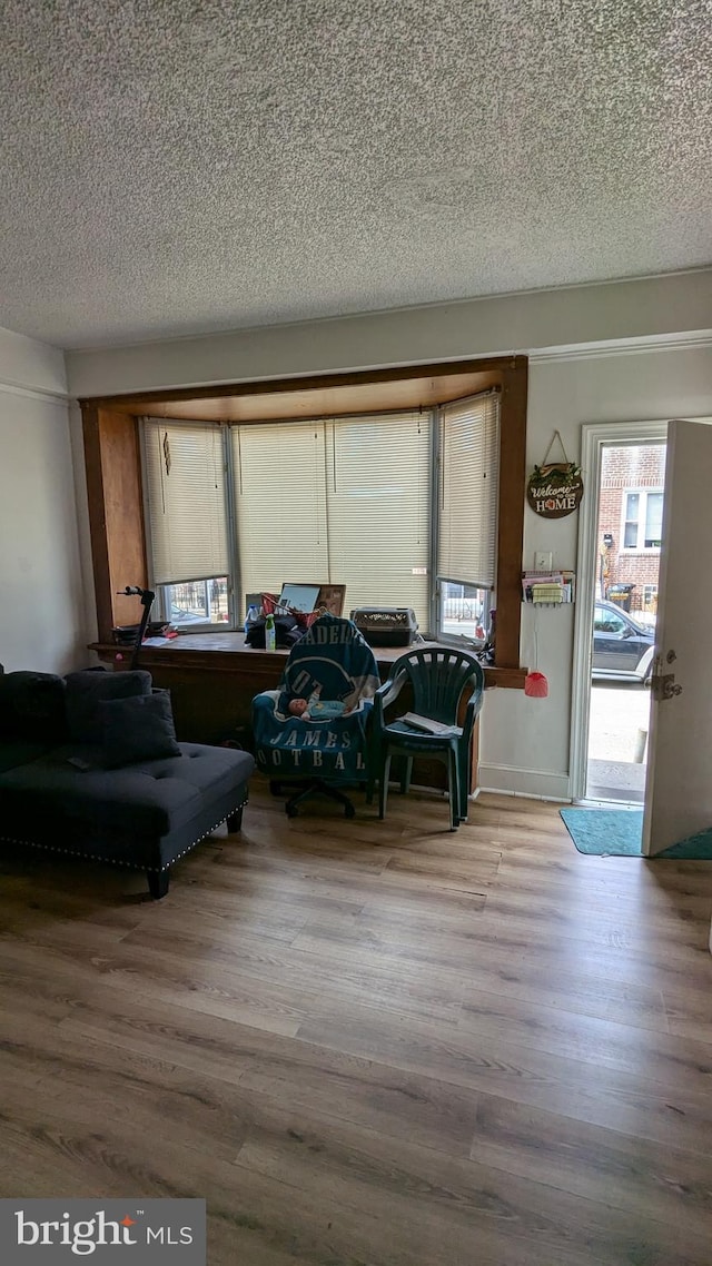 living area with a textured ceiling and hardwood / wood-style flooring