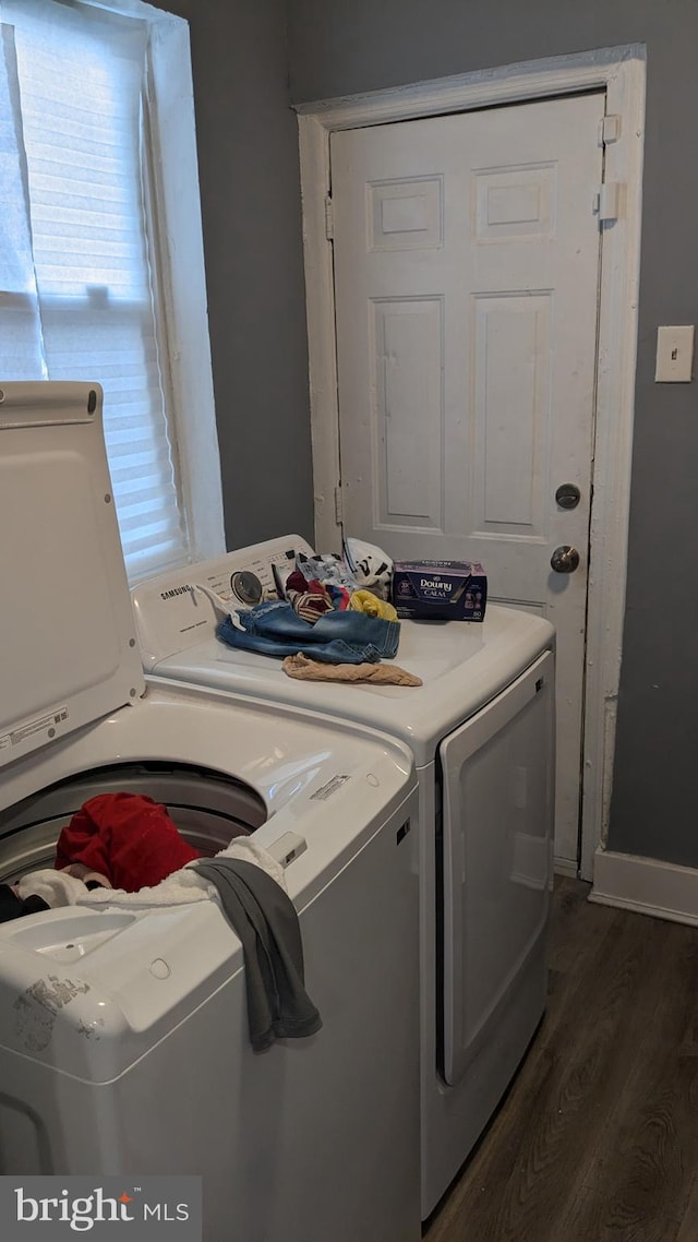 laundry room featuring washer and clothes dryer and dark hardwood / wood-style flooring