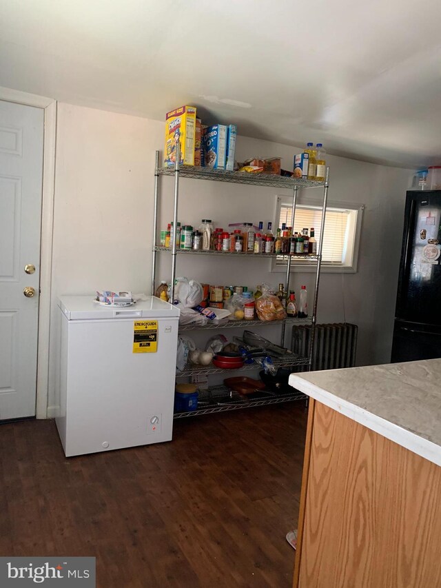 interior space featuring refrigerator, dark wood-type flooring, and black refrigerator