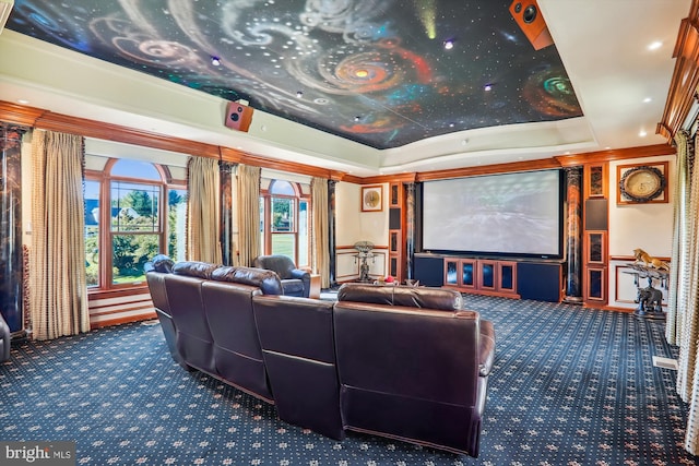 carpeted cinema with a tray ceiling and ornamental molding