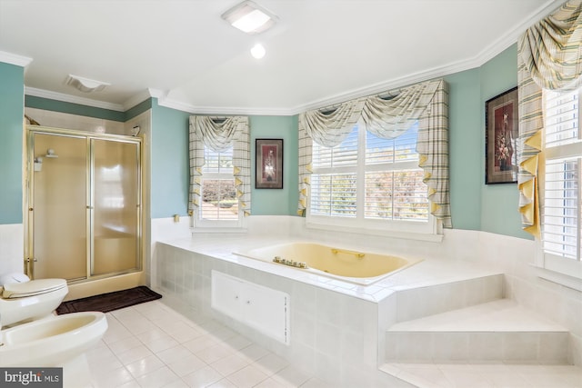 bathroom featuring a bidet, crown molding, tile patterned flooring, toilet, and shower with separate bathtub