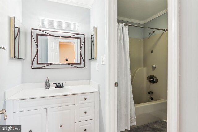 bathroom with ornamental molding, shower / bath combo, and vanity