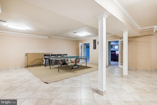 playroom featuring light tile patterned flooring and crown molding