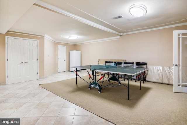 rec room featuring crown molding and tile patterned floors