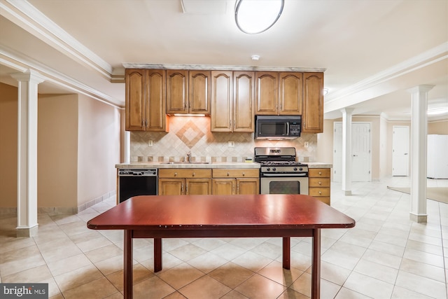 kitchen featuring backsplash, sink, ornamental molding, black appliances, and light tile patterned floors