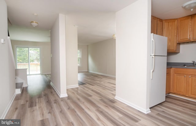 kitchen featuring white fridge, sink, and light hardwood / wood-style floors