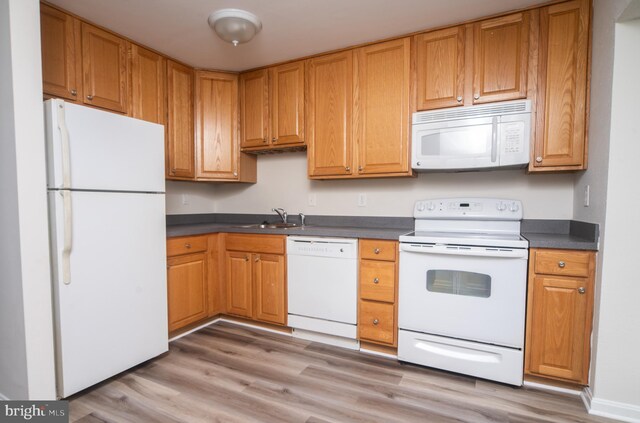 kitchen featuring white appliances, sink, and light hardwood / wood-style floors