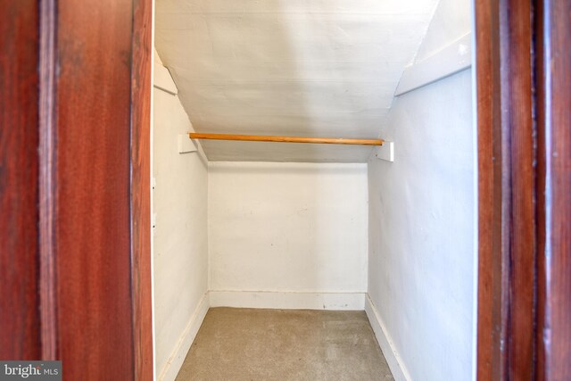 spacious closet with light carpet and vaulted ceiling