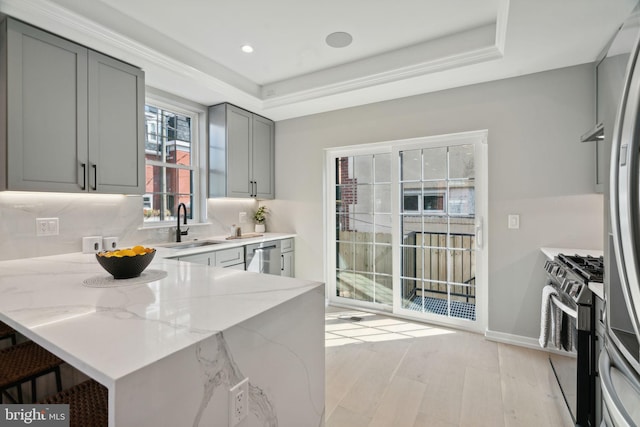 kitchen featuring appliances with stainless steel finishes, light stone countertops, gray cabinets, light hardwood / wood-style flooring, and sink