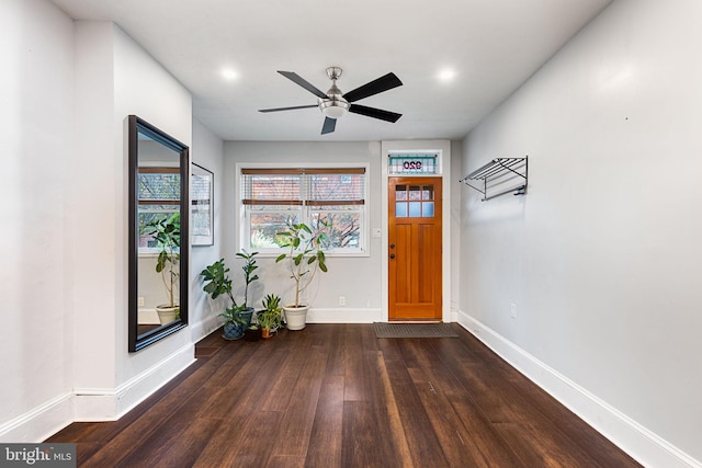 foyer entrance with dark hardwood / wood-style floors and ceiling fan