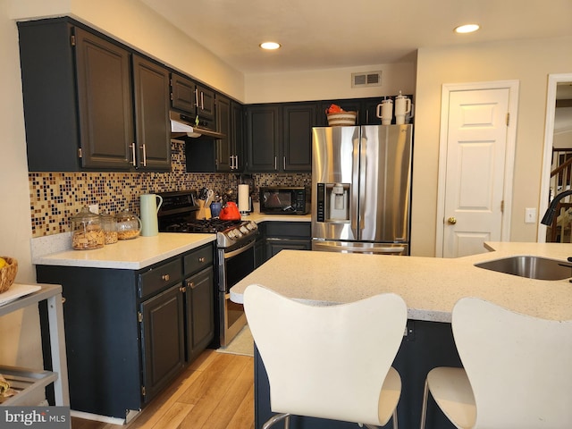 kitchen with a kitchen bar, light wood-type flooring, backsplash, stainless steel appliances, and sink