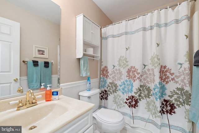 bathroom with vanity, toilet, and walk in shower