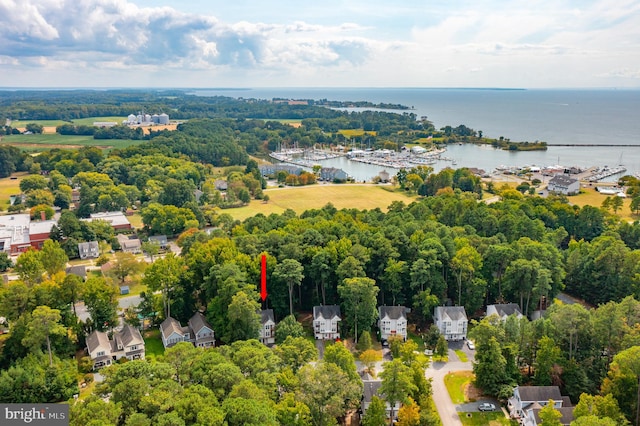 drone / aerial view with a water view