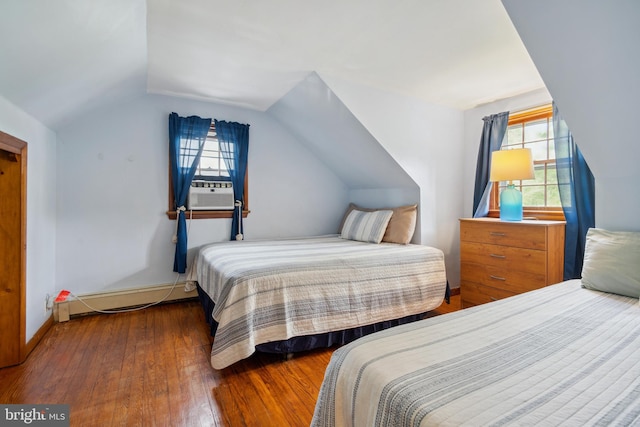 bedroom featuring cooling unit, lofted ceiling, hardwood / wood-style floors, and a baseboard heating unit