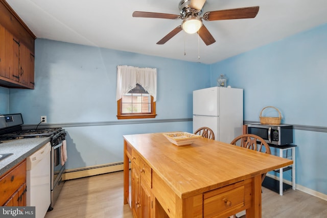 kitchen featuring light wood-type flooring, ceiling fan, stainless steel appliances, and a baseboard radiator