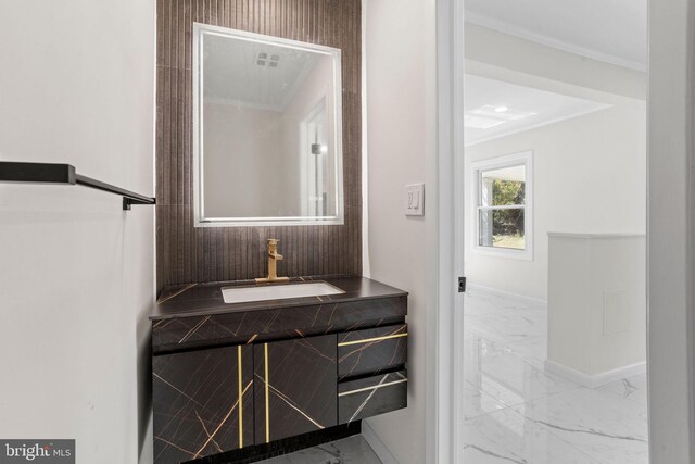 bathroom with crown molding and vanity