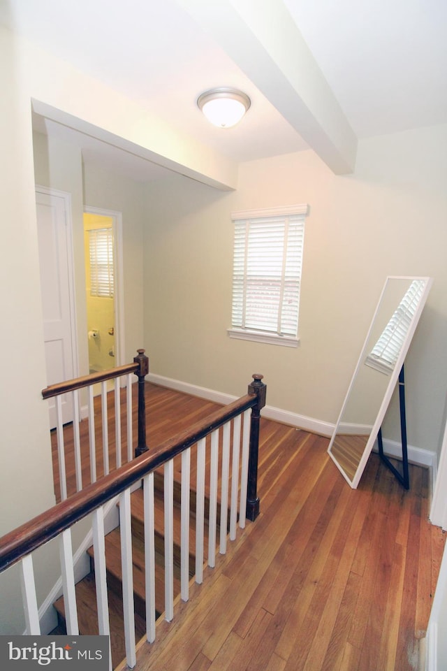 stairway featuring beam ceiling and hardwood / wood-style floors