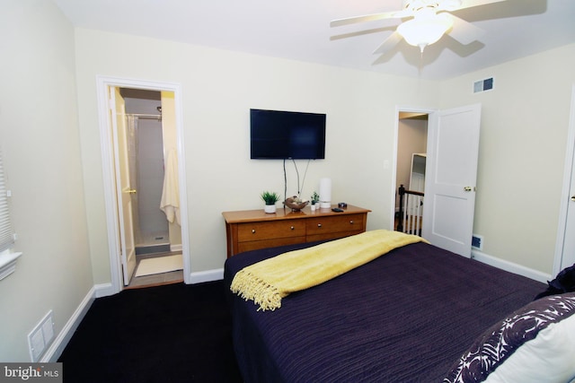 bedroom featuring ensuite bath and ceiling fan