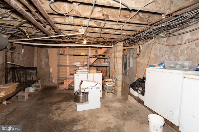 basement with electric panel and washer and clothes dryer