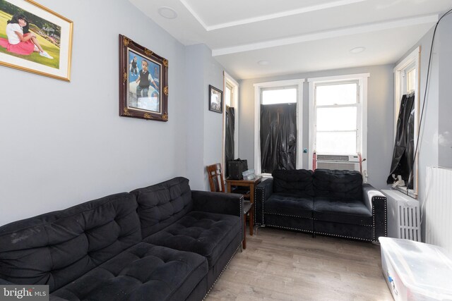 living room featuring light wood-type flooring and radiator