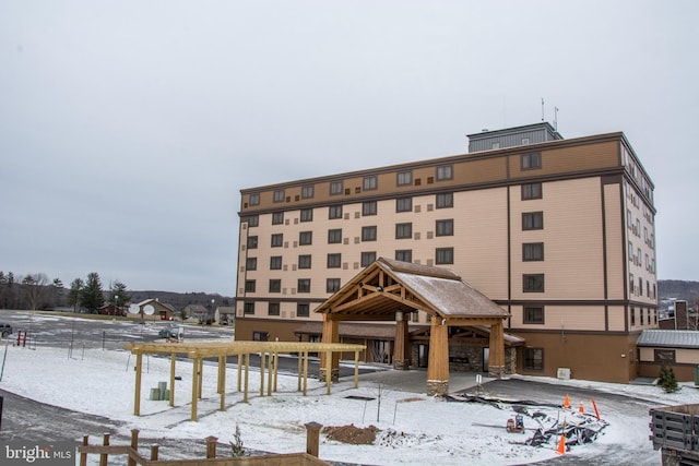 view of snow covered building