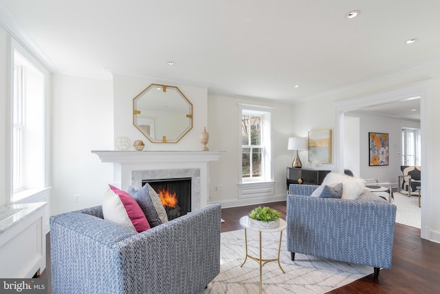 living room featuring crown molding and dark hardwood / wood-style floors