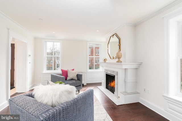 living room with ornamental molding, a fireplace, and dark hardwood / wood-style flooring