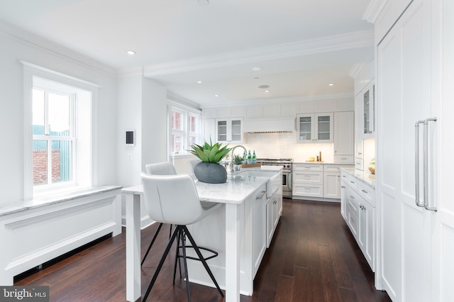 kitchen featuring a center island, white cabinetry, dark hardwood / wood-style flooring, ornamental molding, and stainless steel range