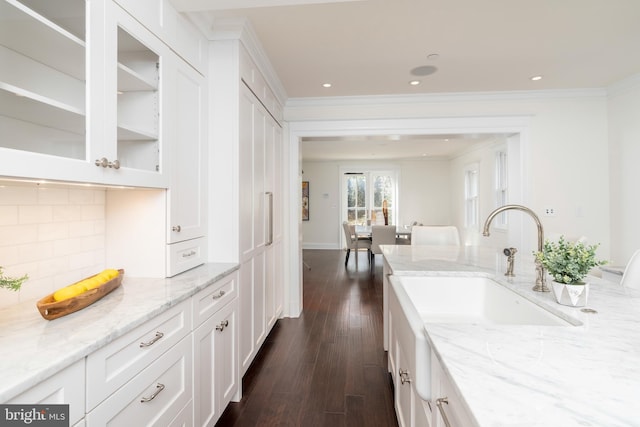 kitchen with light stone counters, tasteful backsplash, white cabinets, dark hardwood / wood-style flooring, and ornamental molding