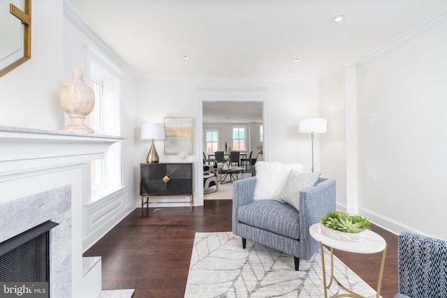 sitting room featuring crown molding, a fireplace, and dark hardwood / wood-style floors