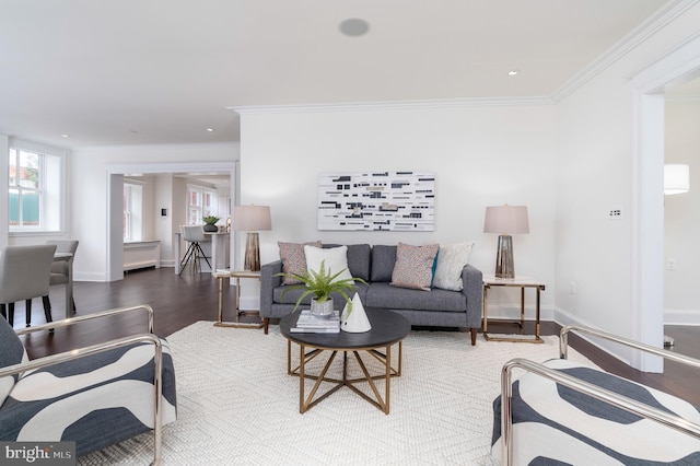 living room with crown molding and hardwood / wood-style flooring