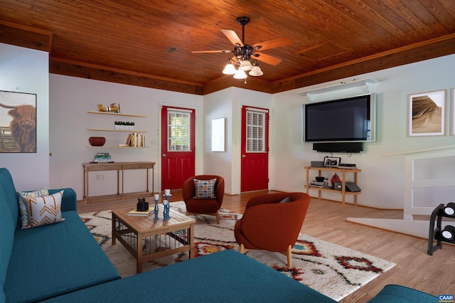 living room featuring ceiling fan, wood ceiling, and light hardwood / wood-style floors