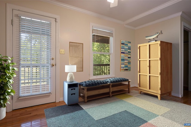 sitting room featuring ceiling fan, hardwood / wood-style flooring, and crown molding