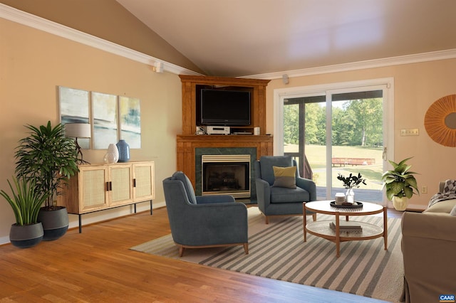 living room with crown molding, lofted ceiling, wood-type flooring, and a large fireplace