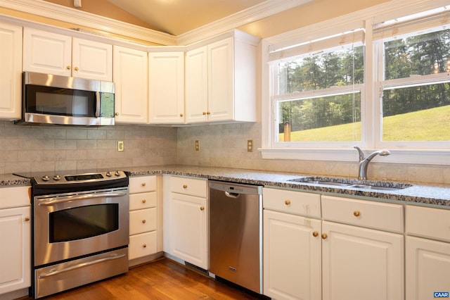 kitchen with vaulted ceiling, stainless steel appliances, sink, and a healthy amount of sunlight