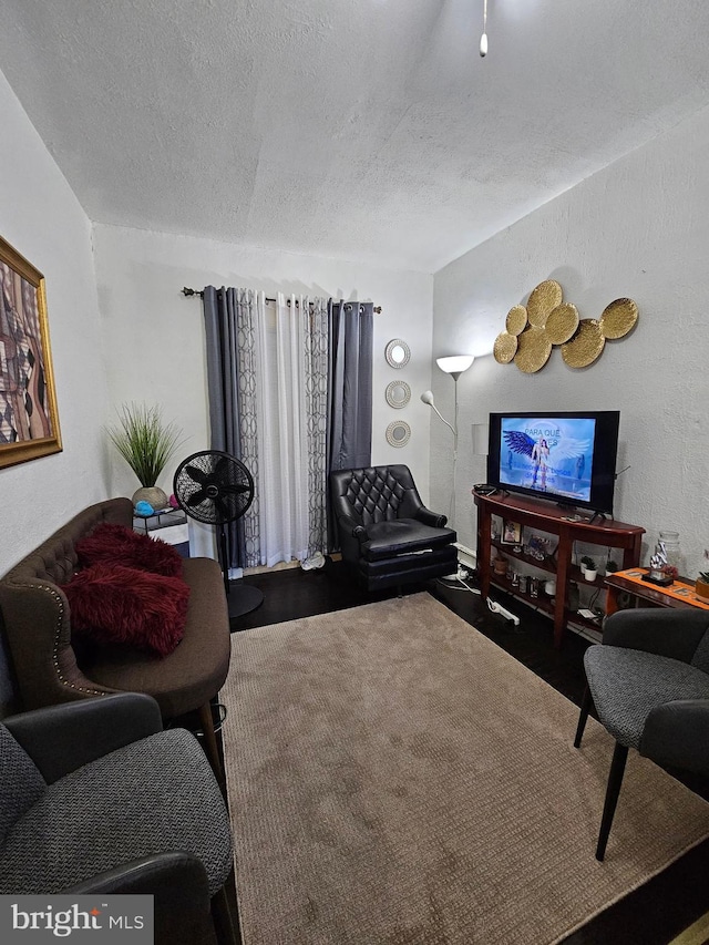 living room with a textured ceiling