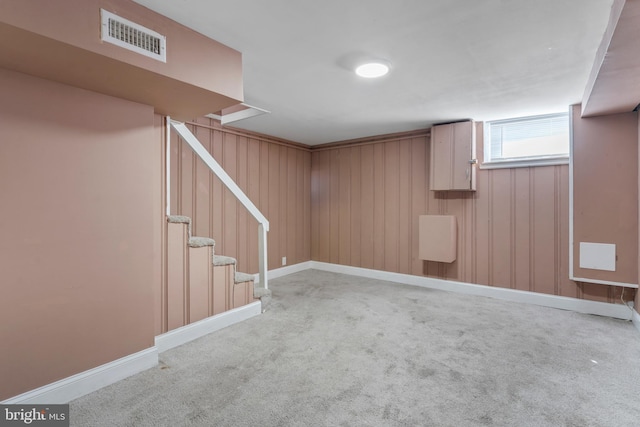 basement featuring wood walls and carpet floors