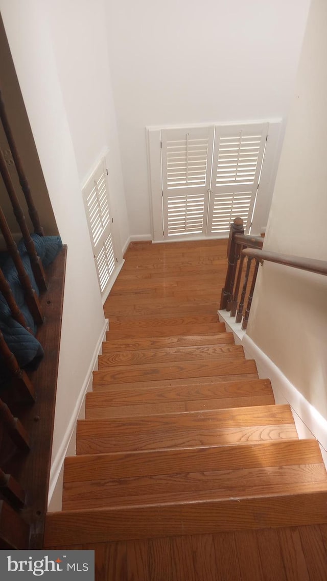 stairway with hardwood / wood-style floors