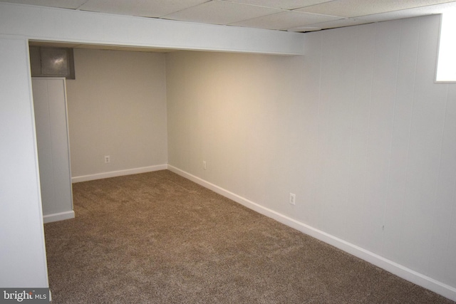 basement featuring a paneled ceiling and carpet floors