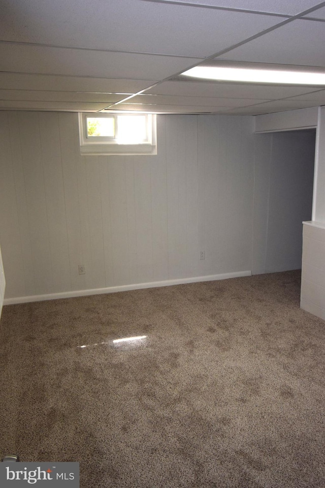 basement with carpet flooring and a drop ceiling