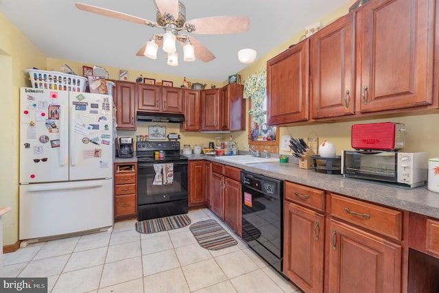 kitchen with black appliances, light tile patterned floors, ceiling fan, and sink