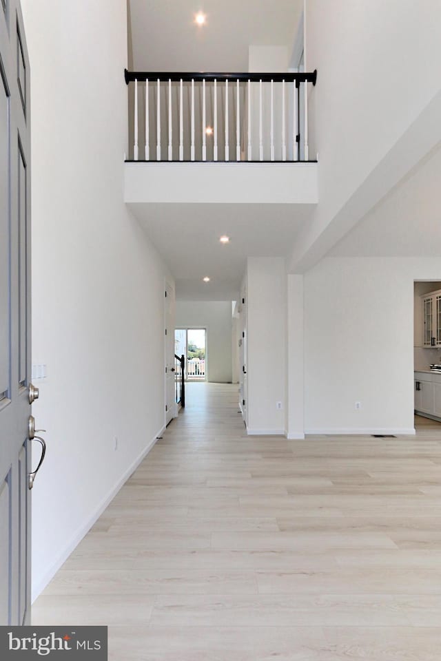 entryway featuring light wood-type flooring and a towering ceiling