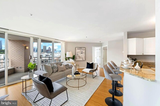 living room with a view of city and light wood-style floors