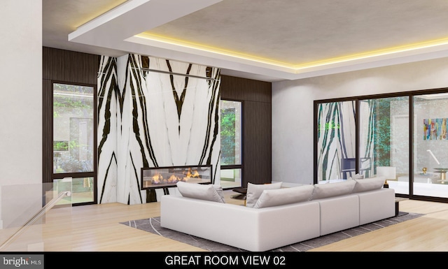 living room featuring light wood-type flooring and a raised ceiling