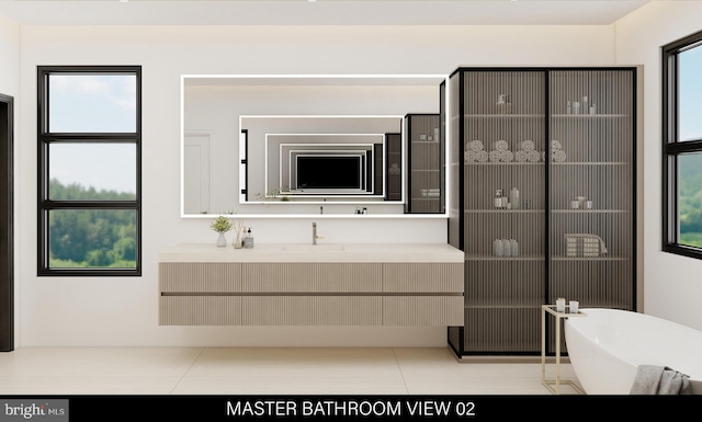 bathroom with tile patterned floors, vanity, and a freestanding bath