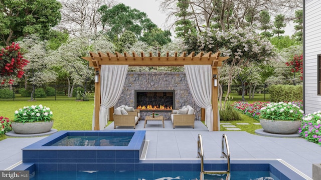 view of pool featuring a yard, a patio area, an in ground hot tub, and fence