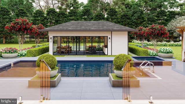 pool featuring an outbuilding, a storage structure, and a patio