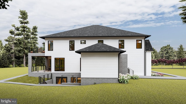rear view of house with a shingled roof, a balcony, and a yard