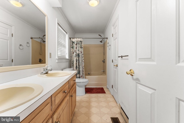 full bathroom with ornamental molding, vanity, toilet, and shower / bath combination with curtain